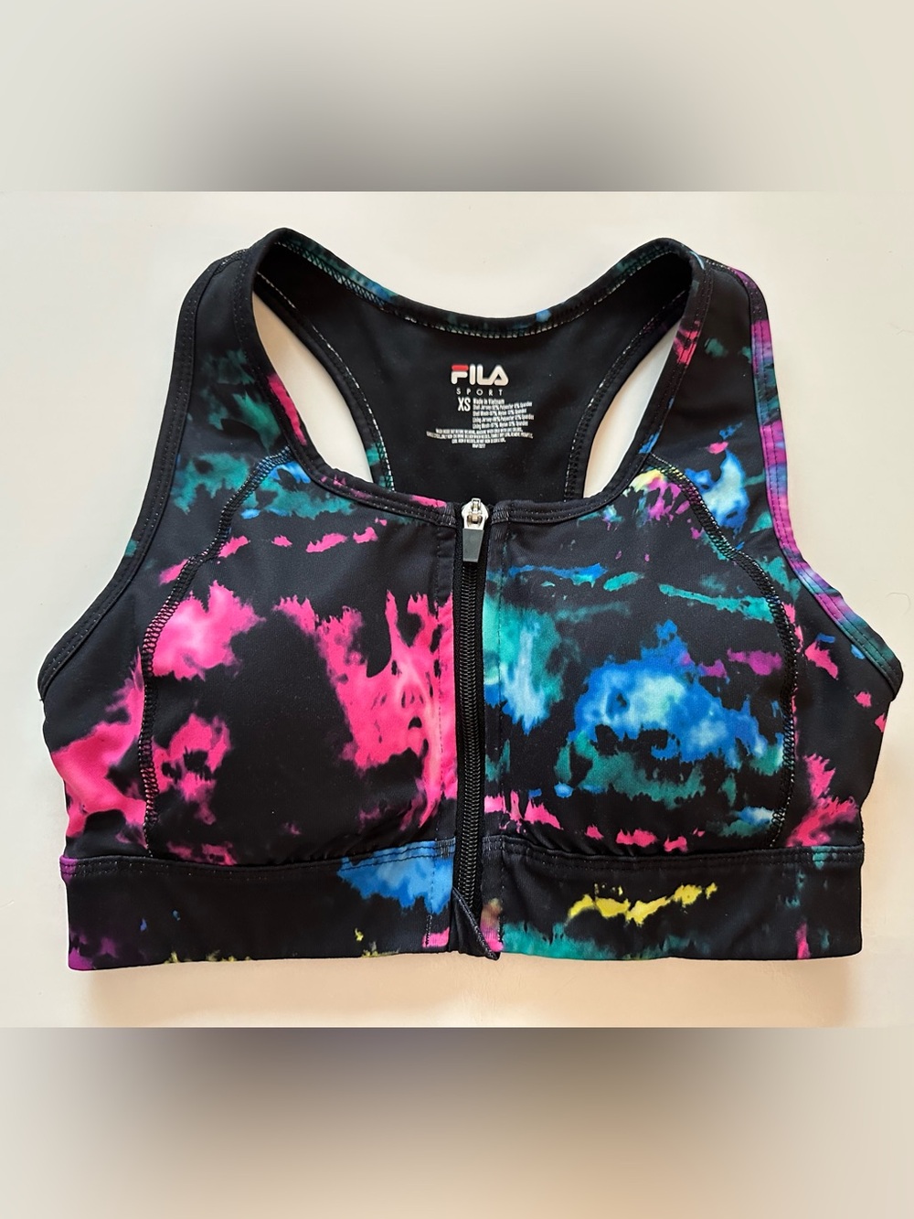 FILA Sport Sports Bra XS Zip Front Tie Dye  Black Galaxy Racerback Padded Neon